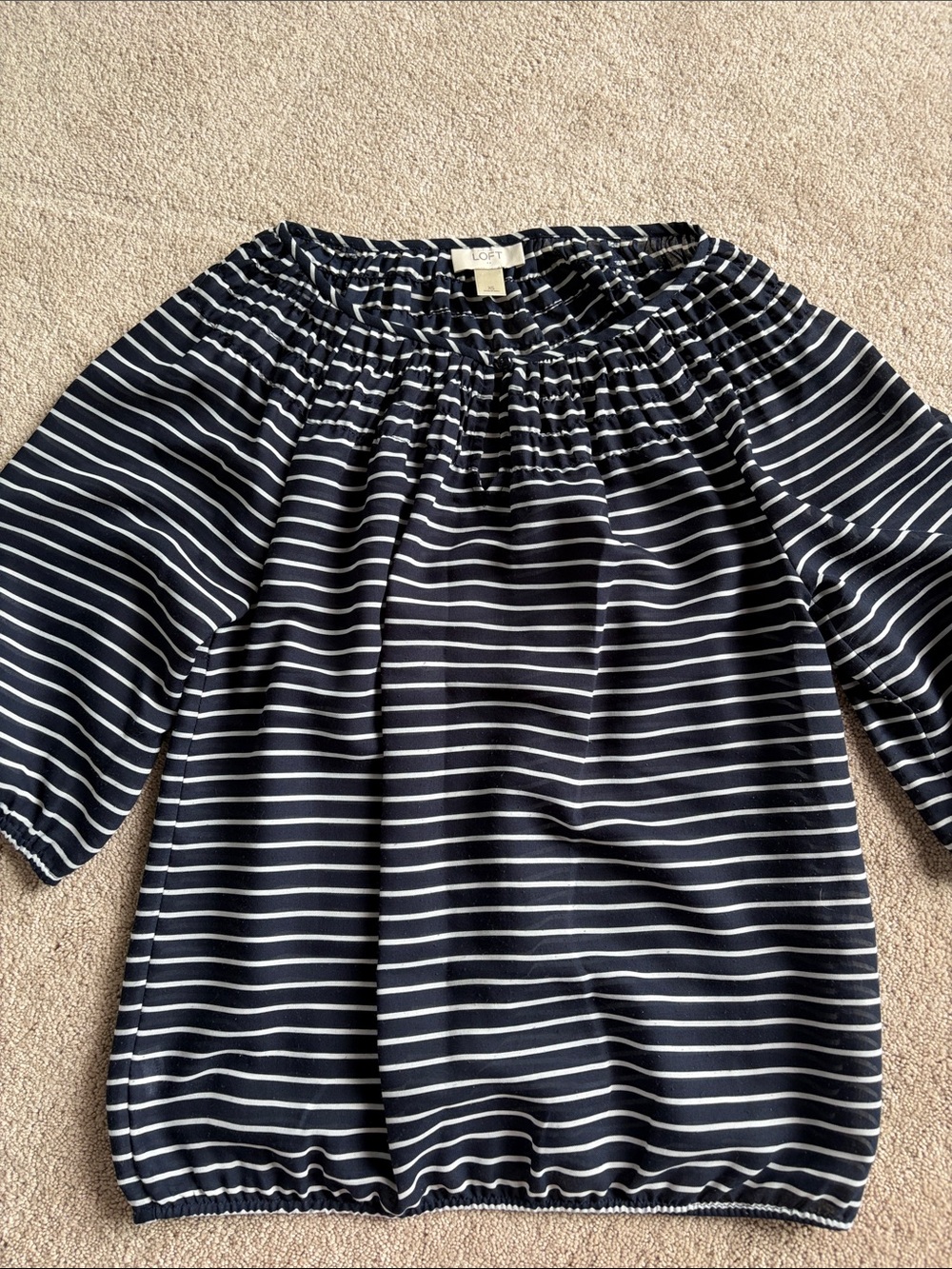 LOFT Navy and White Striped Off-Shoulder Top